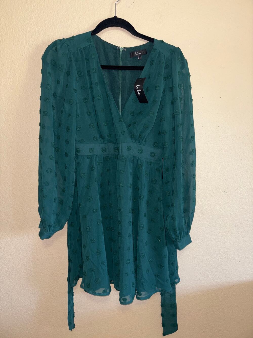 Lulus NWT Emerald Green Swiss Dot Chiffon Faux Wrap Mini Dress